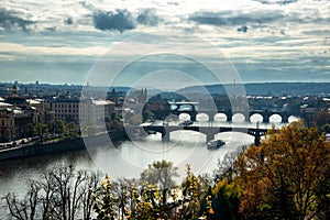 View over the river Vltava  and The famous Bridges of Prag