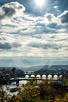 View over the river Vltava  and The famous Bridges of Prag