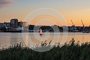 View over the river Warnow to the city Rostock, Germany