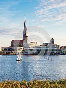 View over the river Warnow to the city Rostock, Germany