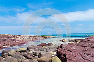 View over the rocky coastline at Heycock Point, known for whale watching, scenic coastal views and and birdwatching, in Ben Boyd