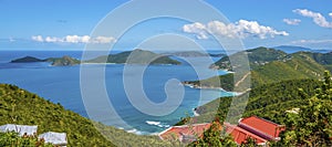 A view over the roof tops of Tortola towards the islands of Guana, Great Camanoe and Scrub