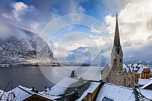 View over the roofs of the little village of Hallstatt, Austria