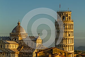 A view over the rooftops of Pisa towards the Cathedral Square, featuring the Cathedral, the Tower & the Baptistry, taken just afte