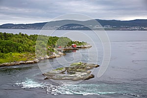 View over the Saltstraumen Maelstrom, Bodo, Nordland county, Norway.