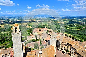 View over San Gimignano from its medieval towers, Tuscany, Italy