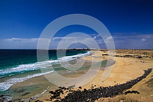 View over sand dunes with green ocean on Playa del Aljibe on white village on steep cliff El Cotillo - North Fuerteventura photo