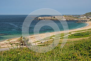 View over sandy bay to Fort Grosnez from Fort Tourgis, Alderney, Channel Islands