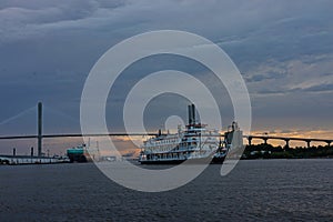 view over Savannah river and Talmadge Memorial Bridge during dusk