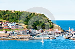 View over Scarborough South Bay harbor in North Yorskire, England