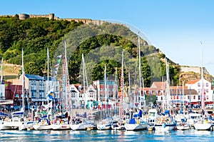 View over Scarborough South Bay harbor in North Yorskire, England