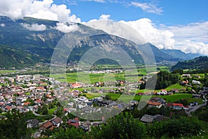 View over Schwaz, Austria. Schwaz lies in the middle of the Lower Inn Valley at the foot of the Kellerjoch and Eiblschrofen