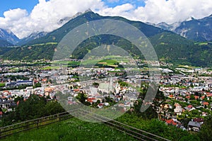 View over Schwaz, Austria. Schwaz lies in the middle of the Lower Inn Valley at the foot of the Kellerjoch and Eiblschrofen