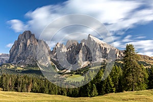 View over Seiser Alm on Langkofel and Plattkofel, South Tyrol