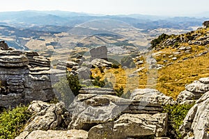 A view over the settlement of Villaneuva de la Concepcion from the Karst landscape of El Torcal near to Antequera, Spain