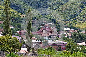 View over Sheki Shaki city and the Greater Caucasus mountains in Azerbaijan. Nature of Azerbaijan