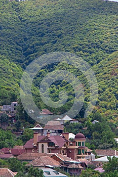 View over Sheki Shaki city and the Greater Caucasus mountains in Azerbaijan. Nature of Azerbaijan