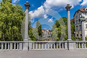 A view over the Shoemakers bridge towards the center of Ljubljana