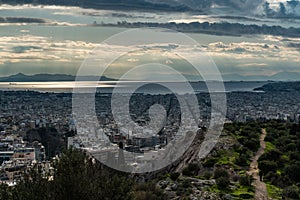 View over the skyline of Athens towards the sea, taken from the hills of Muses