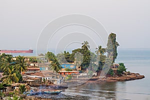 View over slums of Freetown at the sea where the poor inhabitants of this African capital city live, Sierra Leone