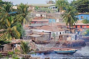 View over slums of Freetown at the sea where the poor inhabitants of this African capital city live, Sierra Leone