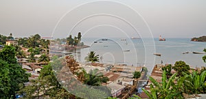 View over slums of Freetown at the sea where the poor inhabitants of this African capital city live, Sierra Leone