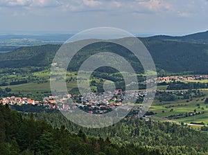 View over small villages DÃ¼rrwangen and Stockhausen, both part of BÃ¶blingen, Germany located on the edge of Swabian Alb.