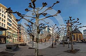 View over the square at the Hauptwache in Frankfurt with St. Catherine's Church and skyscrapers of the skyline in