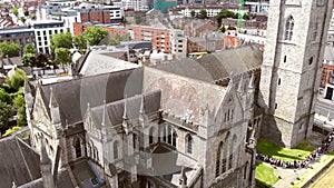 View over St Patrick\'s Cathedral in Dublin, Ireland - Aerial Reveal