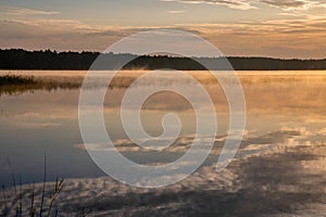 View over sunrise White Lake. Rivne region, Ukraine