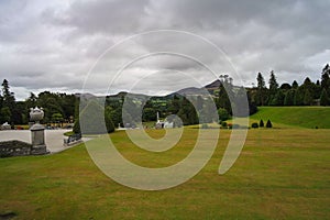 View over the 18th century Powerscourt Gardens with Wicklow mountains in the background.