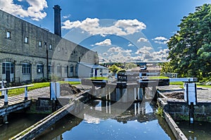 A view over a three locks network on the Leeds, Liverpool canal at Bingley, Yorkshire, UK