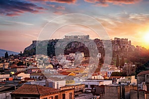 View over the old town Plaka to the Parthenon Temple at the Acropolis of Athens