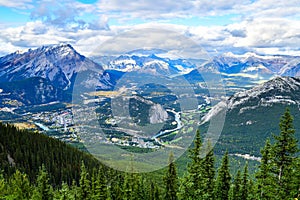 View over the town of Banff and the Canadian Rockies seen from Sulphur Mountain.