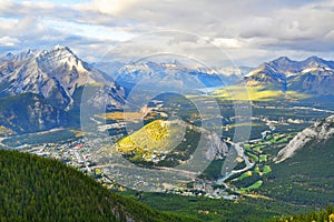 View over the town of Banff and the Canadian Rockies seen from Sulphur Mountain.