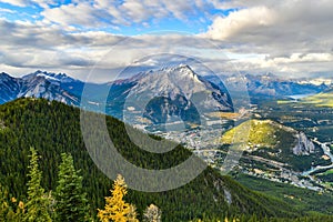 View over the town of Banff and the Canadian Rockies seen from Sulphur Mountain.