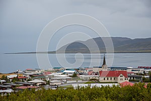 View over town of Grundafjordur in Snaefellsnes peninsula in Iceland