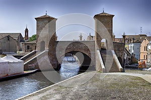 View over the Trepponti Bridge, iconic landmark in Comacchio, Italy