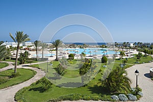 View over tropical resort swimming pool