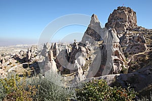 View over valley with cave houses, in Cappadocia, Turkey
