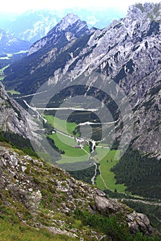 View over the valley of the gramai alp in the karwendel mountains of the european alps