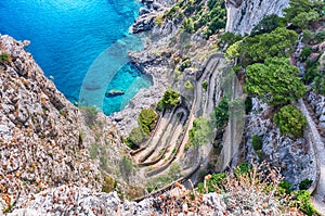 View over Via Krupp, winding cliffside road in Capri island, Italy