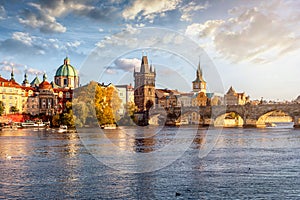 View over the Vltava river along the Charles Bridge to the old town, Czech Republic