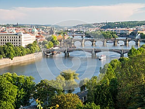 View over vltava river and its bridges with charles bridge in background