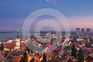 View over Zemun, St. Nicholas Church, Danube and Belgrade during