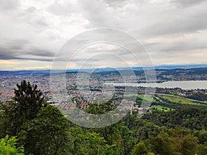 View over Zurich city with Lake Zurich on cloudy day