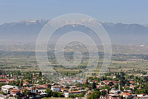 A view overlooking the modern town of Pamukkale in Turkey.