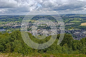 The View overlooking Otley Town in West Yorkshire seen from the wooded Chevin ridge photo