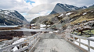 View overlooking Rondvassbu tourist cottages in Rondane national park.