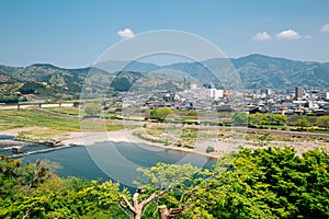 View of Ozu village and Hijikawa river in Ehime, Shikoku, Japan